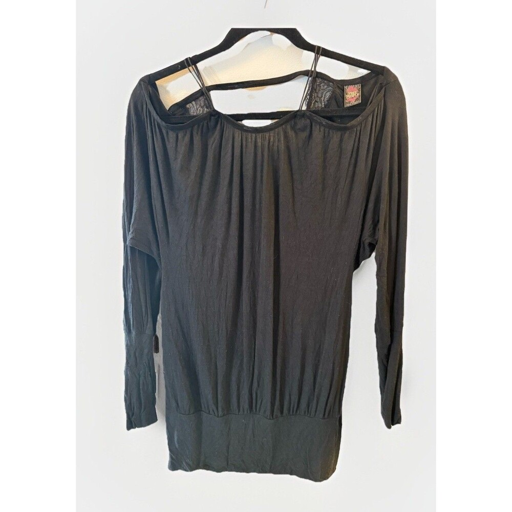Free People Black Women’s Top Sz M Strappy Cold Shoulder Raw Hem